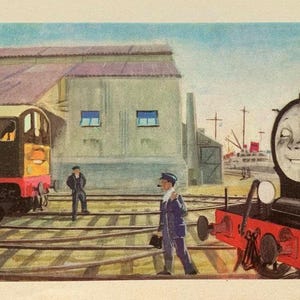 May include: A vintage illustration of a railway yard featuring two trains and three figures. One train has a smiling face. The trains are black and red. The people are in dark blue uniforms. The background shows a building and a blue sky.