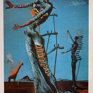 May include: Surrealist artwork featuring a figure with open arms, adorned with drawers, set against a blue backdrop. A giraffe engulfed in flames stands nearby. The artwork has a dreamlike quality, with elongated forms and symbolic elements.