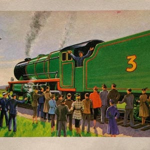 May include: Vintage illustration of a green steam train with the number 3 on the side, a conductor waving from the cab, and a crowd of people watching. The train is on a track, and smoke billows from the engine.