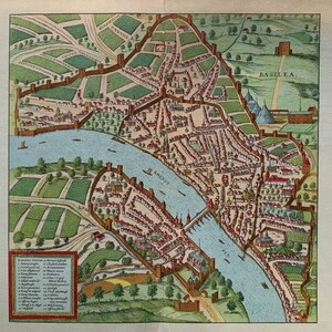 May include: A detailed, antique map of a city, featuring a river, buildings, and surrounding fields. The map is colored with shades of green, blue, and brown, with the city's name, "BASILEA," visible. A key with numbered labels is in the lower left corner.