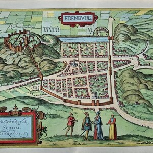 May include: A detailed, antique map of Edinburgh, Scotland, with the text "EDENBVRG" at the top. The map shows the city's layout, including buildings, a castle, and figures in historical attire. The map is framed with decorative elements and vibrant colors.