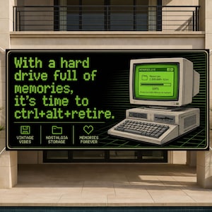 Retro Computer Retirement Banner, Click Retire Tech Party Sign, IT Office Farewell Decor, Engineer Geek Coworker Gift