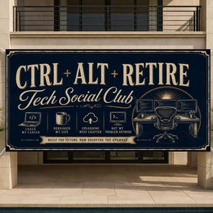 May include: A rectangular dark blue banner featuring the text CTRL + ALT + RETIRE Tech Social Club. It includes icons of a laptop, coffee mug, cloud upload, and computer monitor, with a desk illustration and the text BUILT THE FUTURE. NOW ENJOYING THE UPGRADE.
