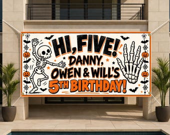 Hi Five 5th Birthday Banner, High Five Halloween Party Sign, Personalized Skeleton Birthday Decor, Custom Spooky Five Backdrop