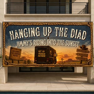 May include: A large banner with the text "HANGING UP THE DIAD" and "JIMMY'S RIDING INTO THE SUNSET" in a vintage style. The banner features a sunset scene with a truck and various signs, including "NOT MY PROBLEM ANYMORE".
