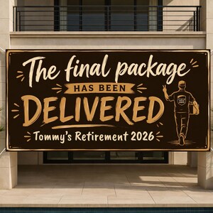 May include: A rectangular banner with the words "The final package HAS BEEN DELIVERED" in white and gold lettering. The banner also includes the text "Tommy's Retirement 2026" and an illustration of a delivery person.