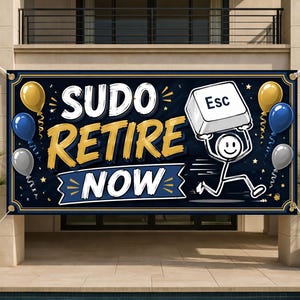 Funny Sudo Retire Now Banner for IT Professional, Linux Admin Retirement Party Decor, Programmer Coworker Goodbye Sign