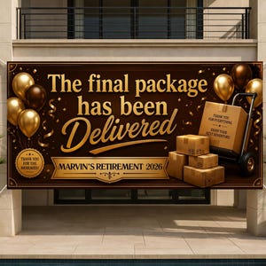 May include: A banner with the text "The final package has been Delivered" in gold lettering, celebrating Marvin's retirement in 2026. The banner includes gold and brown balloons, boxes, and a hand truck. The banner also says "Thank you for the memories".
