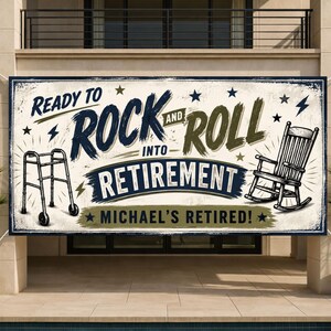 May include: A rectangular retirement banner with a distressed off-white background featuring the text READY TO ROCK AND ROLL INTO RETIREMENT and MICHAEL'S RETIRED! The design includes a black illustration of a walker and a wooden rocking chair.