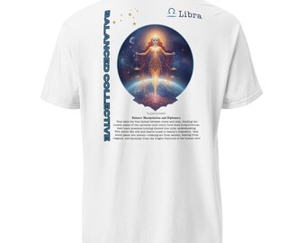 May include: White t-shirt featuring a Libra zodiac design. The design includes an illustration of a woman holding scales, surrounded by celestial elements. The text "Libra" and "Balanced Collective" are also visible.