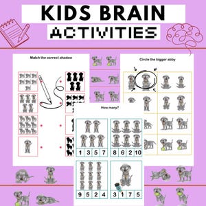 Może przedstawiać: Różowy arkusz edukacyjny zatytułowany "KIDS BRAIN ACTIVITIES" z ćwiczeniami o tematyce psów. Zawiera dopasowywanie cieni, liczenie i identyfikację większego psa. Zawiera ołówek, grafikę mózgu i tekst "Circle the bigger abby".