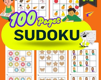 May include: A colorful Sudoku puzzle book for ages 5-12, featuring 100 pages of puzzles. The cover displays the text "100 Pages SUDOKU" in large, bold letters. The book includes various themed puzzles with illustrations of space, fruits, and mermaids.