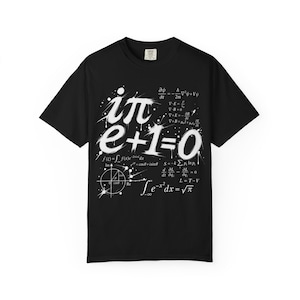 Op de afbeelding: Een zwart t-shirt met korte mouwen en een grote witte grafische print van de identiteit van Euler, i*pi + e + 1 = 0, omringd door diverse wiskundige formules en een circulair coördinatendiagram met een verfspat-effect.