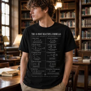 May include: A black t-shirt featuring a white graphic print titled The 10 Most Beautiful Formulas. The design lists ten mathematical and physics equations, including Euler's Identity, Maxwell's Equations, and the Schrödinger Equation, with descriptive text.