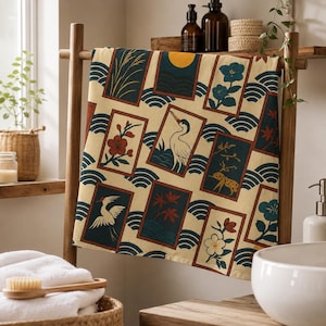 Japanese hanafuda card pattern Face Towel | crane floral wave design