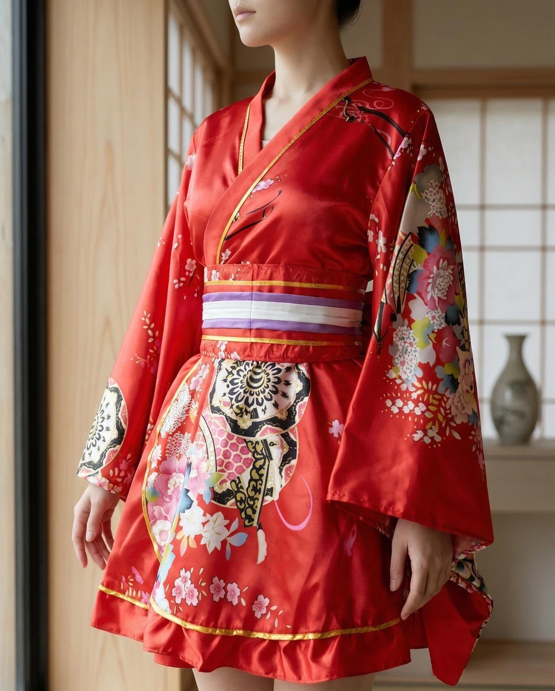 traditional japanese dress Samue clothing MASTER CRAFTSMANSHIP The size of this kimono can be adapted to your body shape by tightening the obi (kimono belt) more or less. Mercatoo Girls Silky Satin Kimono