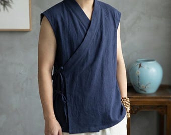 Kimono sin mangas de algodón y lino para hombre – Top cruzado minimalista