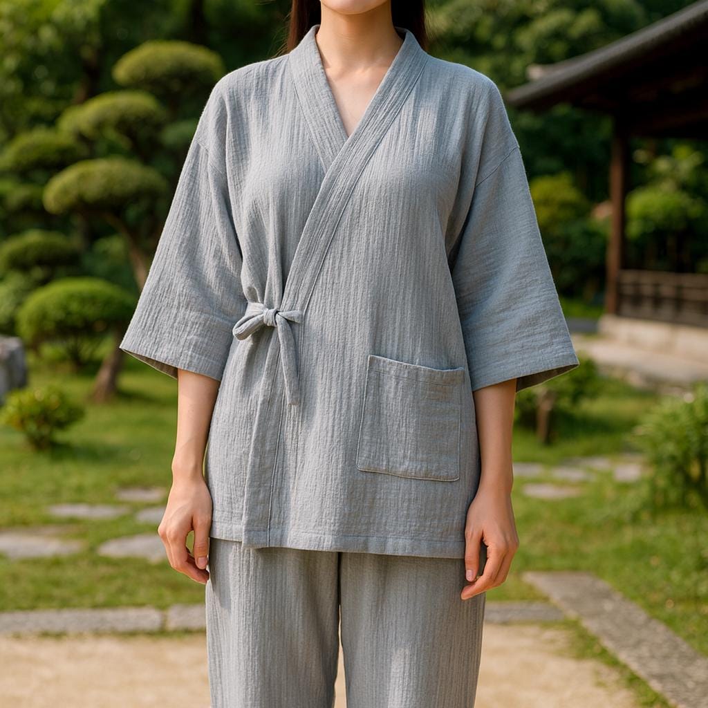 Pigiama Kimono Hanfu In Jacquard Di Cotone – Set Girocollo A Maniche Lunghe Per Donna, Taglia L