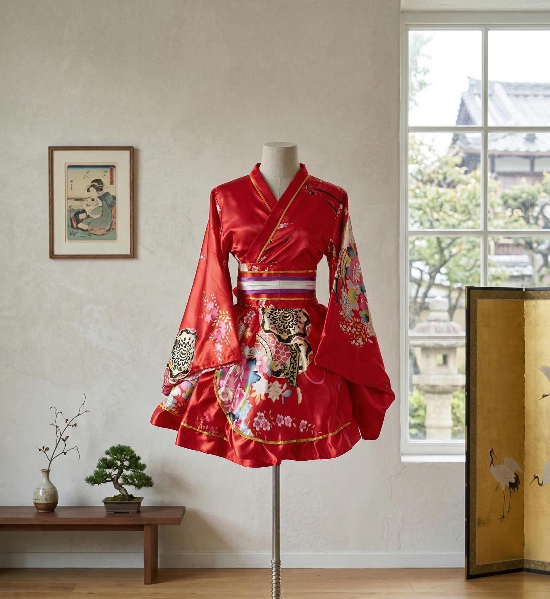 red floral kimono dress Vintage Red Floral Cotton Japanese Kimono // Full Length Belted Kimono Robe Made in Japan Size XS-S