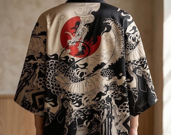 Cárdigan kimono unisex con diseño de dragón – Haori samurái japonés con diseño de sol rojo