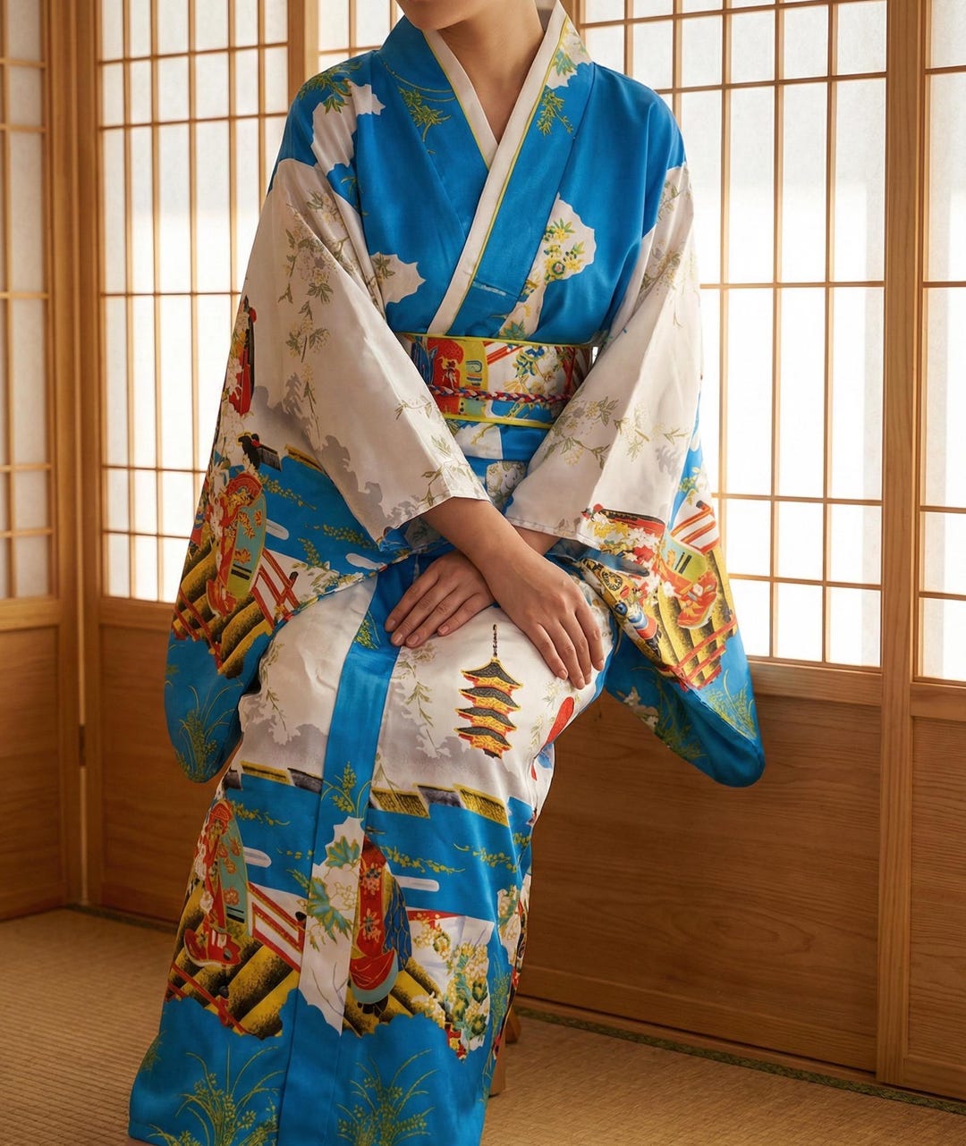 Blue Geisha Yukata Kimono Dress – Japanese Temple Print Obi Robe - Etsy