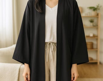 Poncho kimono japonés largo • Estilo haori • Chaqueta kimono unisex