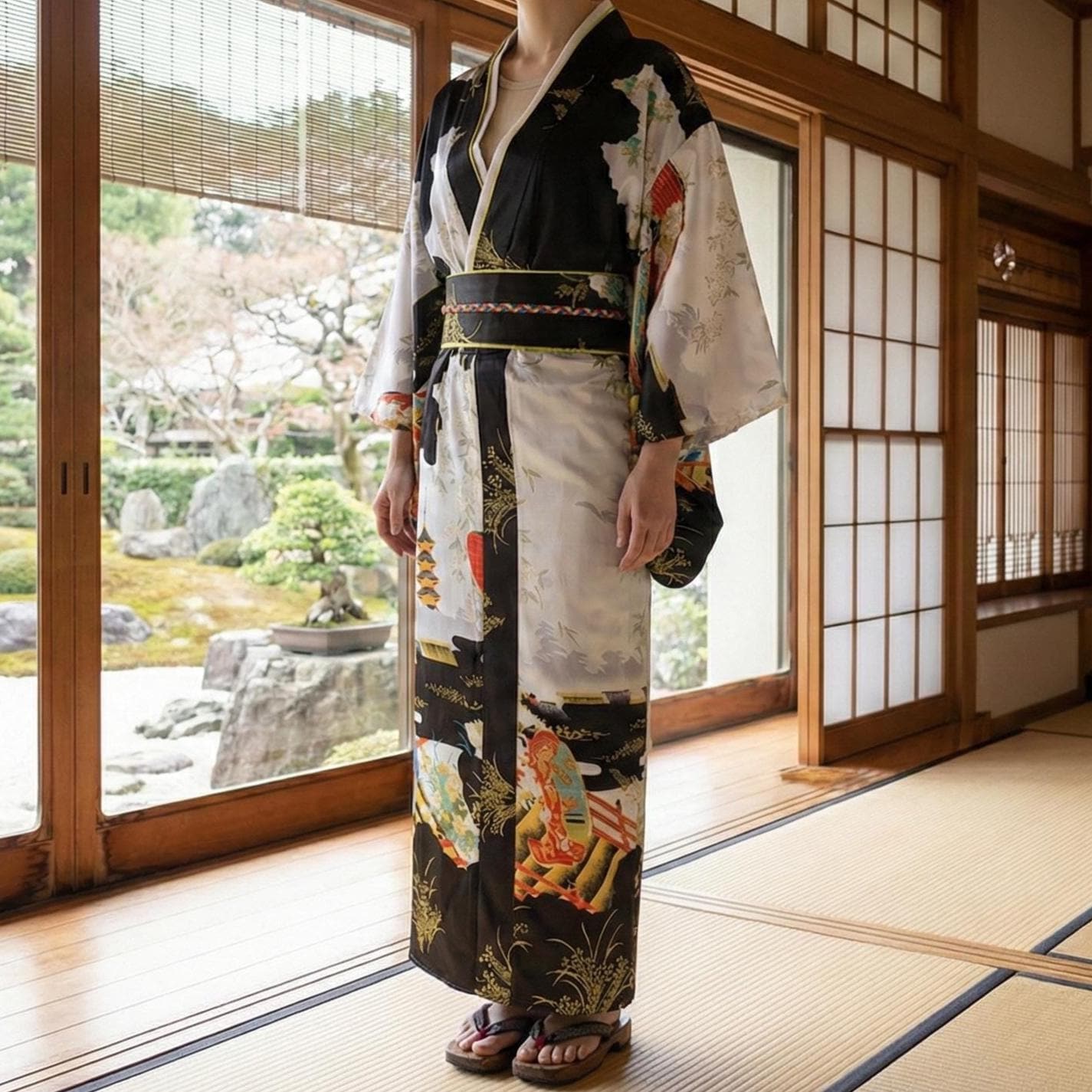 Black Geisha Yukata Kimono Dress – Japanese Pagoda Print Obi Robe