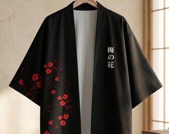 Cárdigan kimono unisex negro Sakura – Chaqueta haori japonesa con estampado kanji