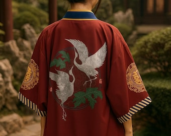 Kimono Haori giapponese Koi e gru • Cardigan aperto da strada • Giacca tradizionale unisex • Abito giapponese ispirato all'arte
