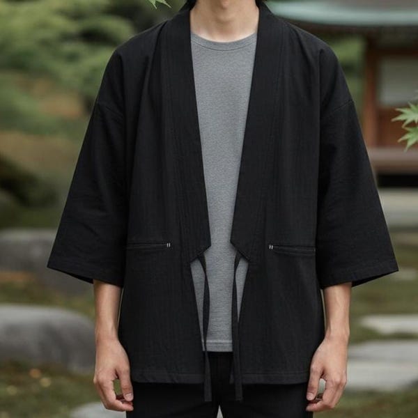 Men Japanese Kimono Shirt • Minimal Streetwear Cardigan • Lightweight Cotton Haori