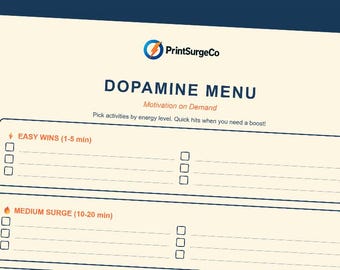 Dopaminemenu | Motivatieplanner ADHD | Gemakkelijke overwinningen, gemiddelde piek, harde modus | Afdrukbare pdf (US Letter, A4, A5)