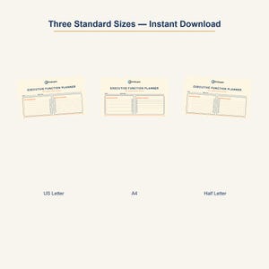 Op de afbeelding: Afbeelding met drie plannerformaten: US Letter, A4 en Half Letter. Elke planner heeft een cr&egrave;mekleurige achtergrond met een rasterindeling en de tekst "EXECUTIVE FUNCTION PLANNER". De bovenkant van de afbeelding luidt "Three Standard Sizes - Instant Download."