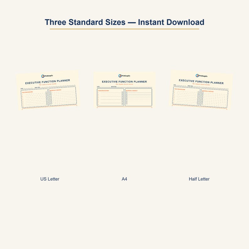 Op de afbeelding: Afbeelding met drie plannerformaten: US Letter, A4 en Half Letter. Elke planner heeft een cr&egrave;mekleurige achtergrond met een rasterindeling en de tekst "EXECUTIVE FUNCTION PLANNER". De bovenkant van de afbeelding luidt "Three Standard Sizes - Instant Download."
