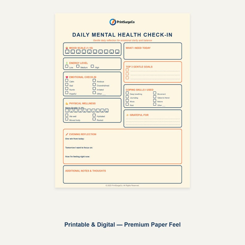 Daily Mental Health Check in Printable | Mood Tracker Worksheet ...