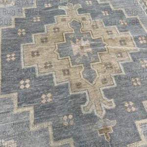 Hand-Knotted Wool Area Rug: Blue Brown Oushak, Traditional Design