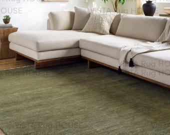 Hand-Knotted Olive Green Wool Rug - Modern Minimalist Design