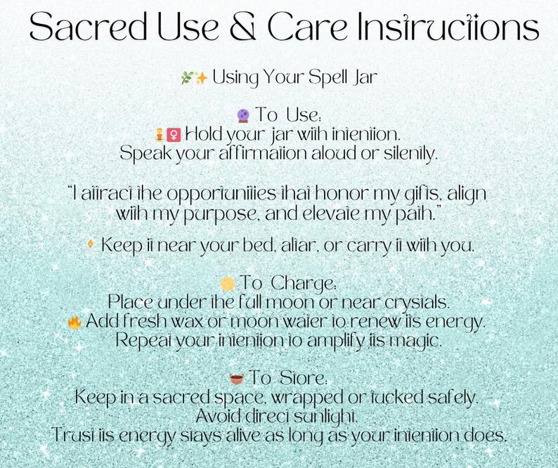 Puede incluir: Una tarjeta de color turquesa con el texto "Sacred Use & Care Instructions" e instrucciones para usar un frasco de hechizos. Las instrucciones incluyen c&oacute;mo usar, cargar y almacenar el frasco, con un enfoque en la intenci&oacute;n y la energ&iacute;a.