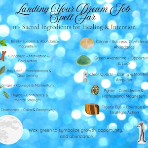 Puede incluir: Un fondo azul con el texto "Landing Your Dream Job Spell Jar" y "11 - Sacred Ingredients for Healing & Intention." La imagen incluye ilustraciones de hierbas, cristales y el n&uacute;mero 11.