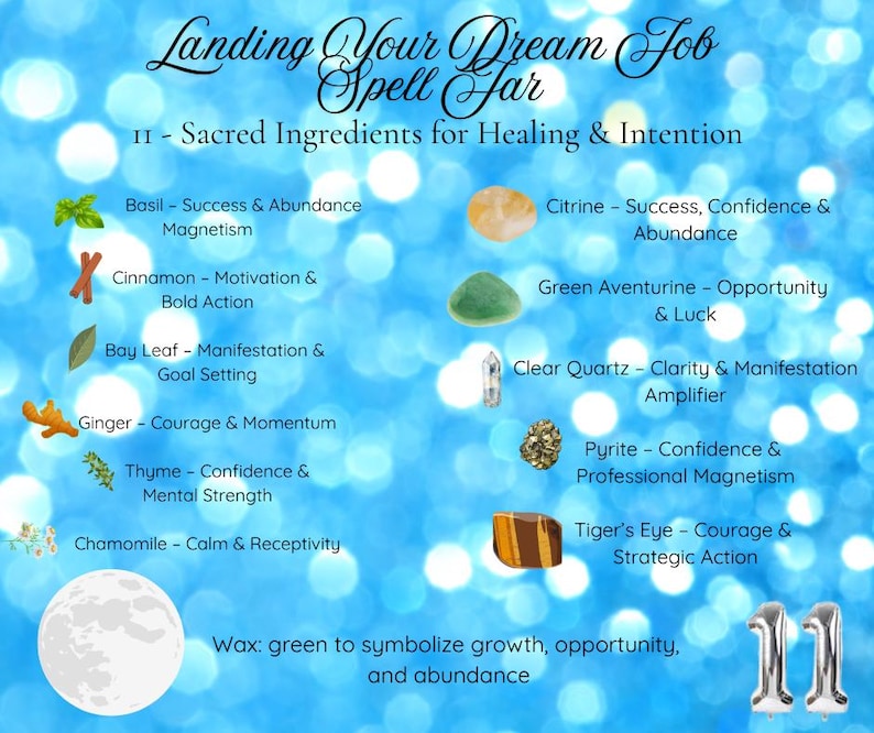 Puede incluir: Un fondo azul con el texto "Landing Your Dream Job Spell Jar" y "11 - Sacred Ingredients for Healing & Intention." La imagen incluye ilustraciones de hierbas, cristales y el n&uacute;mero 11.