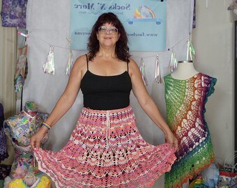 Crochet, Pink, Pineapple stitch, Short Skirt, Colorful, Boho, Hippie