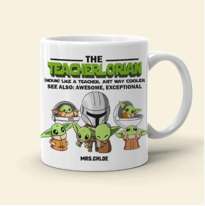 May include: White ceramic mug featuring the text "THE TEACHERLORIAN" in green and black, with illustrations of a character from a popular science fiction series. The mug also includes the name "MRS.CHLOE".