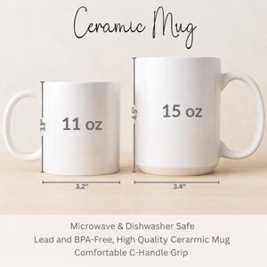 May include: Two white ceramic mugs, one 3.8 inches tall and holding 11 oz, the other 4.5 inches tall and holding 15 oz. The mugs have a C-handle grip. Text on the image reads "Ceramic Mug".