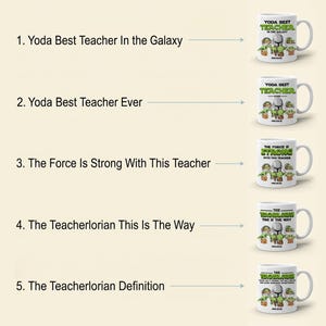 May include: White ceramic mugs with various Star Wars-themed designs. Each mug features a different phrase, including "Yoda Best Teacher" and "The Teacherlorian." The designs incorporate images of Yoda, Grogu, and Mandalorian helmets.
