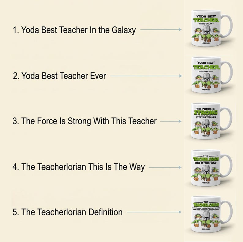 May include: White ceramic mugs with various Star Wars-themed designs. Each mug features a different phrase, including "Yoda Best Teacher" and "The Teacherlorian." The designs incorporate images of Yoda, Grogu, and Mandalorian helmets.