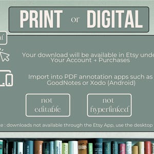 Pode incluir: Gr&aacute;fico informativo de download digital com o texto "PRINT or DIGITAL". O gr&aacute;fico explica como aceder ao download no Etsy e observa que n&atilde;o &eacute; edit&aacute;vel nem hiperligado. O texto tamb&eacute;m menciona aplica&ccedil;&otilde;es de anota&ccedil;&atilde;o PDF.