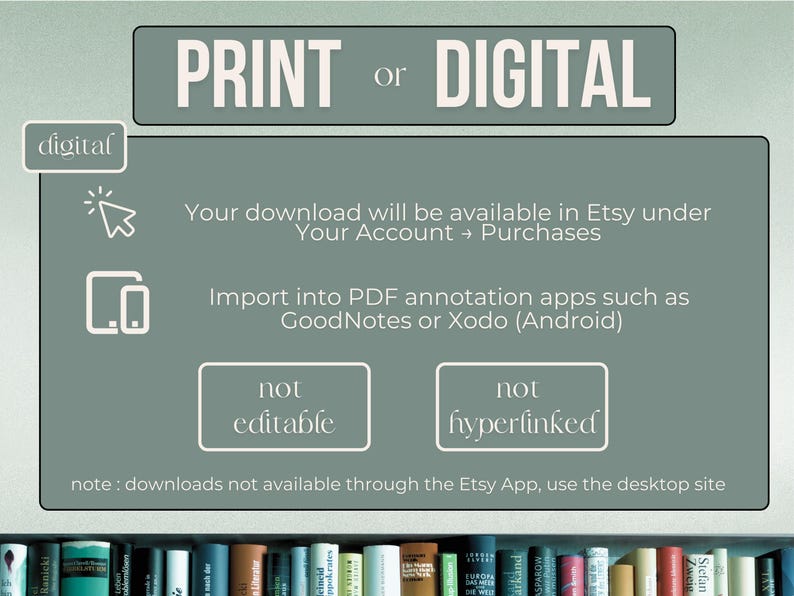 Pode incluir: Gr&aacute;fico informativo de download digital com o texto "PRINT or DIGITAL". O gr&aacute;fico explica como aceder ao download no Etsy e observa que n&atilde;o &eacute; edit&aacute;vel nem hiperligado. O texto tamb&eacute;m menciona aplica&ccedil;&otilde;es de anota&ccedil;&atilde;o PDF.