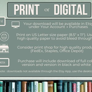 Pode incluir: Gr&aacute;fico digital com as palavras "PRINT ou DIGITAL" em texto branco. A imagem fornece instru&ccedil;&otilde;es para impress&atilde;o, incluindo o tamanho do papel (21,6 x 27,9 cm) e op&ccedil;&otilde;es de impress&atilde;o. Tamb&eacute;m menciona a disponibilidade de vers&otilde;es coloridas e em preto e branco.