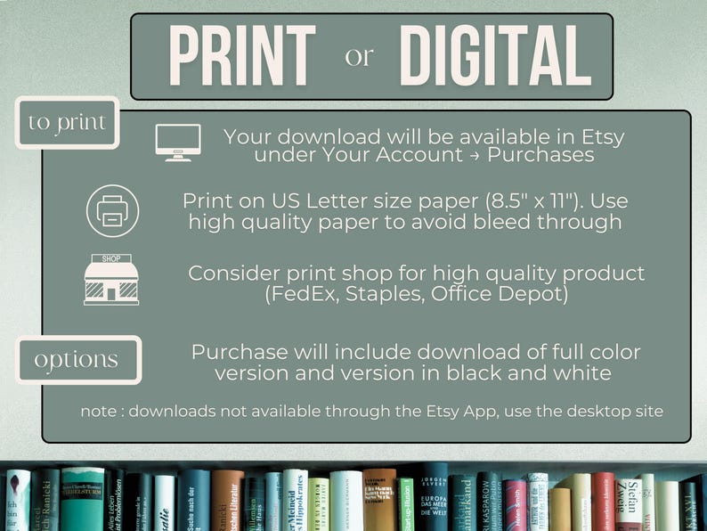 Pode incluir: Gr&aacute;fico digital com as palavras "PRINT ou DIGITAL" em texto branco. A imagem fornece instru&ccedil;&otilde;es para impress&atilde;o, incluindo o tamanho do papel (21,6 x 27,9 cm) e op&ccedil;&otilde;es de impress&atilde;o. Tamb&eacute;m menciona a disponibilidade de vers&otilde;es coloridas e em preto e branco.