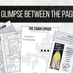 Pode incluir: Uma cole&ccedil;&atilde;o de itens imprim&iacute;veis com tema de livro, incluindo uma palavra cruzada, uma p&aacute;gina para colorir e marcadores. O texto "A Glimpse Between The Pages" &eacute; exibido no topo. A p&aacute;gina para colorir apresenta uma cena de cabana.