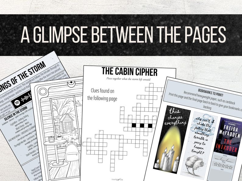 Pode incluir: Uma cole&ccedil;&atilde;o de itens imprim&iacute;veis com tema de livro, incluindo uma palavra cruzada, uma p&aacute;gina para colorir e marcadores. O texto "A Glimpse Between The Pages" &eacute; exibido no topo. A p&aacute;gina para colorir apresenta uma cena de cabana.